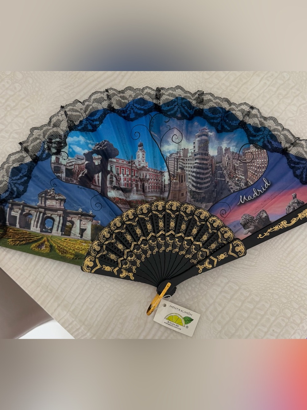 Decorative Madrid Souvenir Hand Fan in Blue and Black